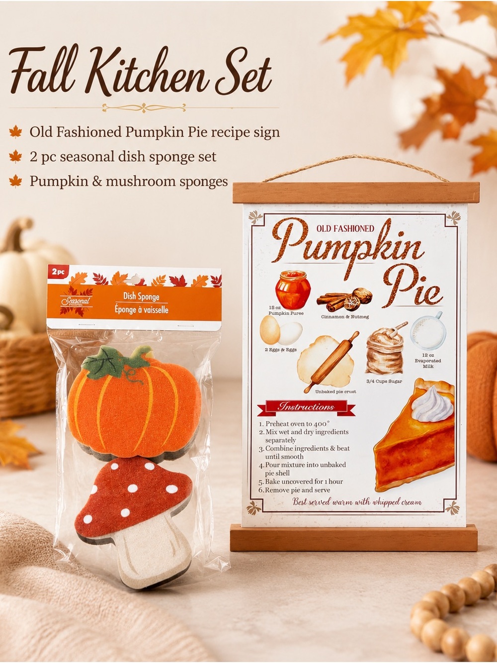 Pumpkin Pie Recipe Decor & Fall Pumpkin & Mushroom Dish Sponge Set